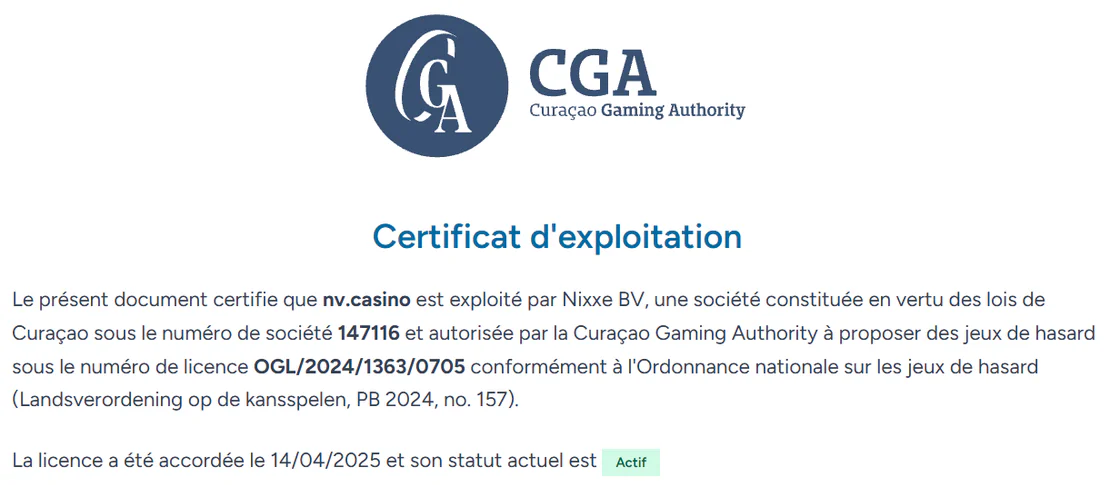 NV Casino certificat d’exploitation de la Curaçao Gaming Authority avec licence active OGL/2024/1363/0705